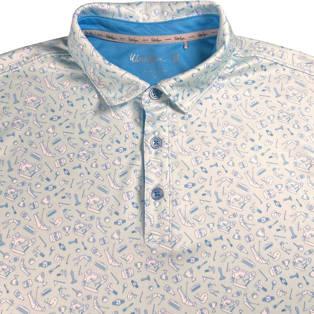 Walter Hagen Men L Polo Shirt Light Blue Novelty Golf All Over Print Performance